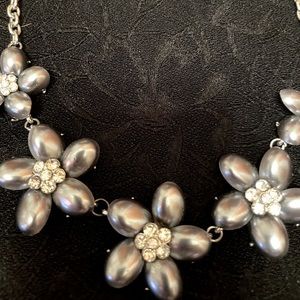 Grey pearl and rhinestone flower necklace